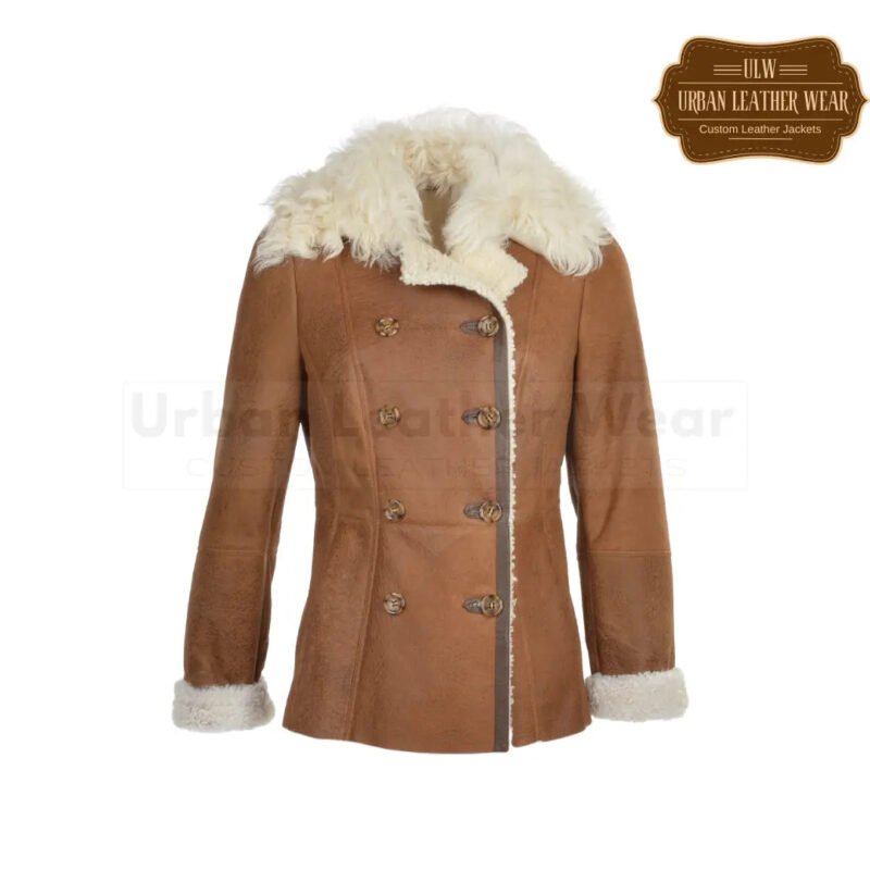Women Double Breasted Full Grain Leather Shearling Coat | Urban Leather Wear