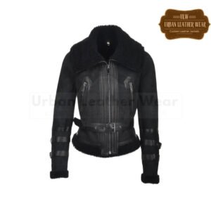 Women Fitted Aviator Flying Shearling Jacket Black