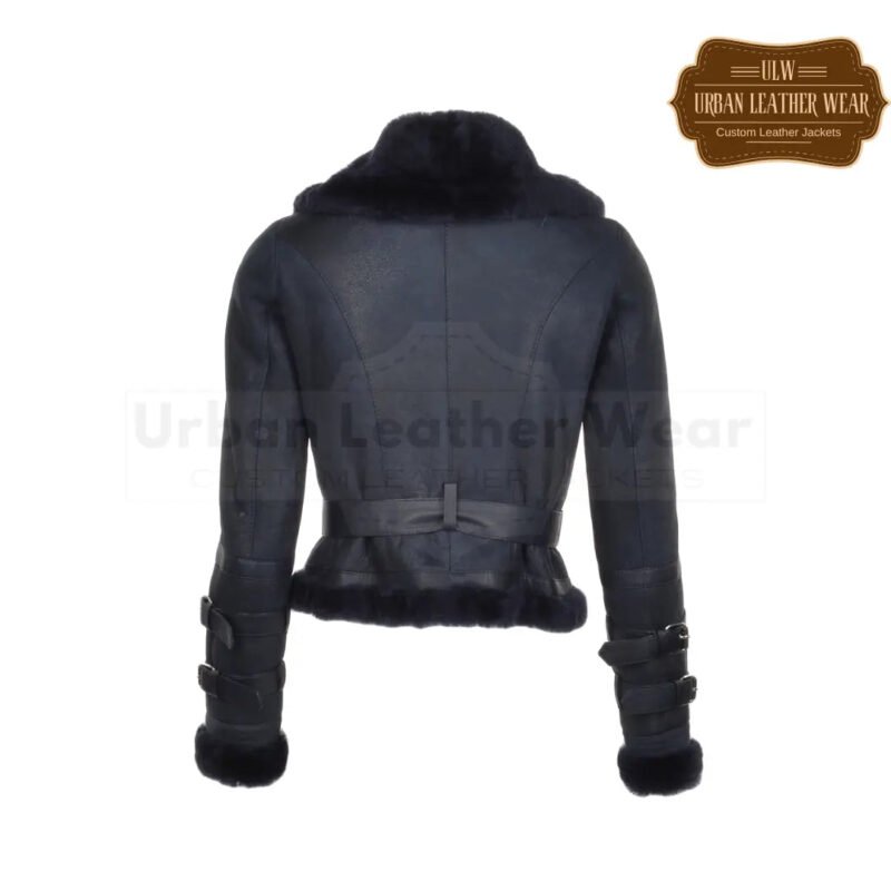 Women Fitted Aviator Flying Shearling Jacket Navy | Urban Leather Wear
