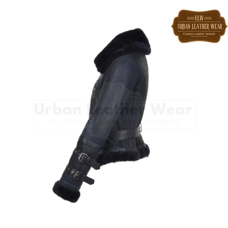 Women Fitted Aviator Flying Shearling Jacket Navy | Urban Leather Wear