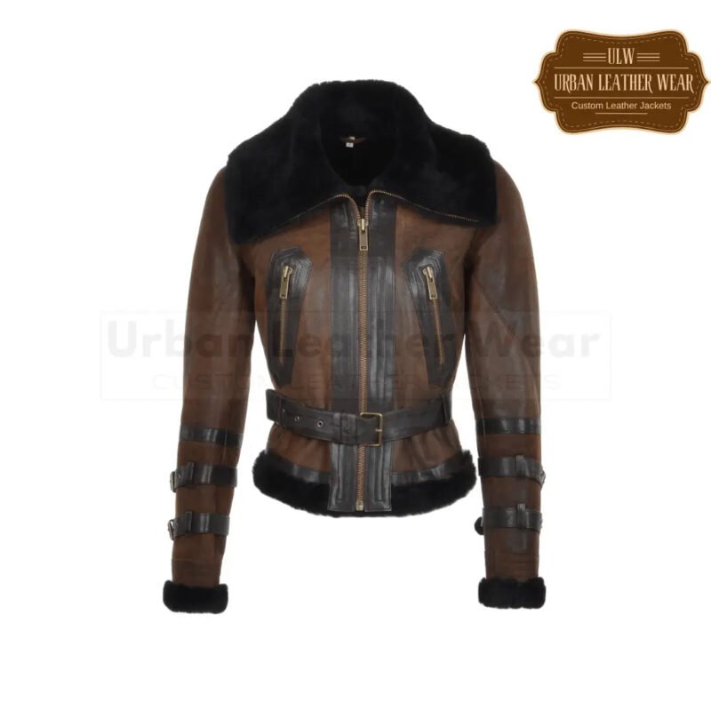 Women Fitted Shearling Aviator Flying Jacket Brown | Urban Leather Wear