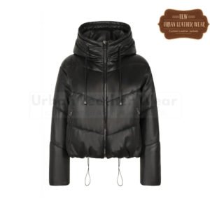 Women Leather puffer jacket  (black)