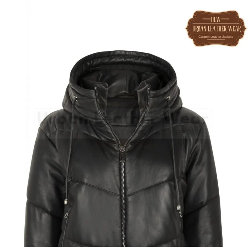 Women Leather puffer jacket  (black) | Urban Leather Wear