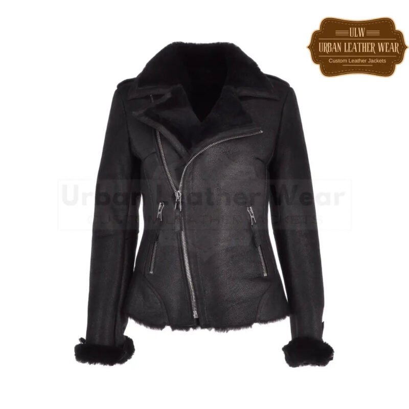 Women Luxury Shearling Jacket Black | Urban Leather Wear