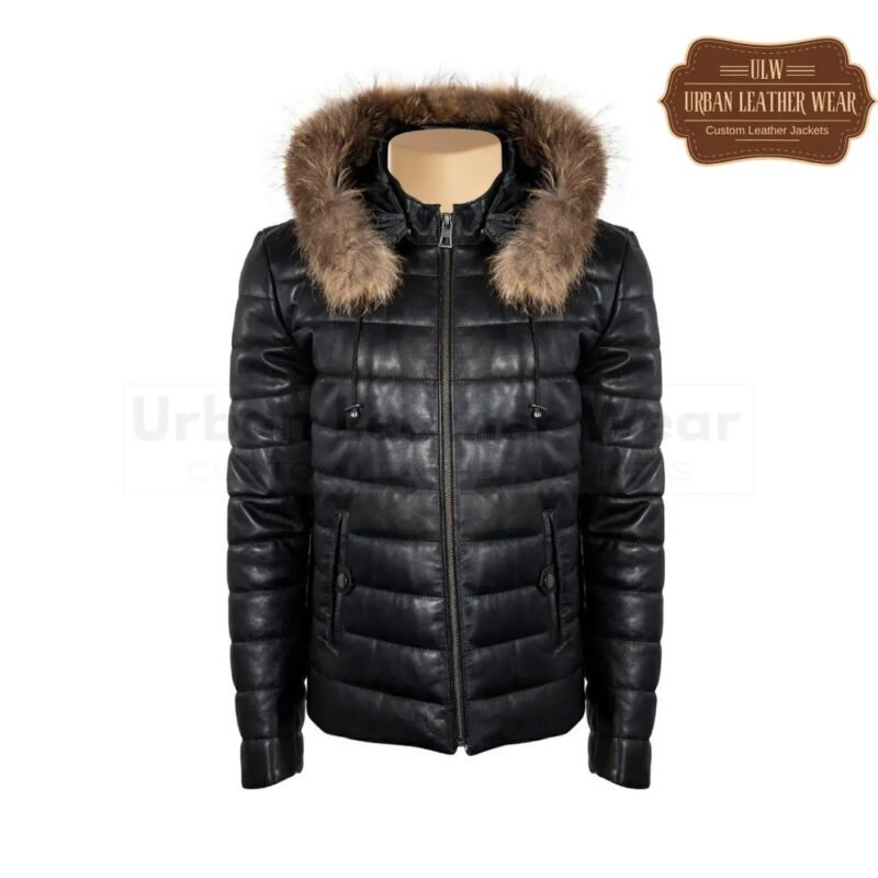 Women Puffer leather jacket with fur hoodie | Urban Leather Wear
