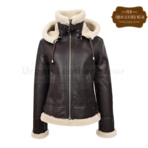 Women Real Leather B3 Hooded Jacket Aviator Pilot Style brown