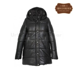 Women Real Leather Hooded Mid Long Coat