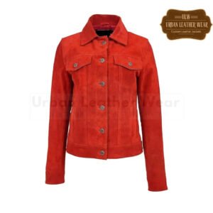 Women Red Suede Trucker Jacket American Western Denim Biker Style