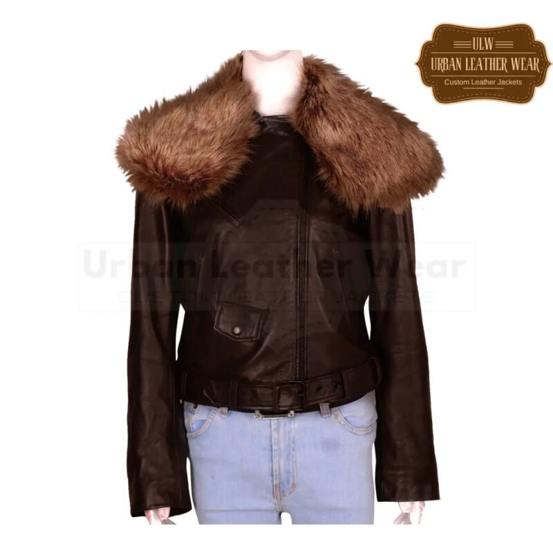 Women Shearling Fur Collar Brown Jacket | Urban Leather Wear