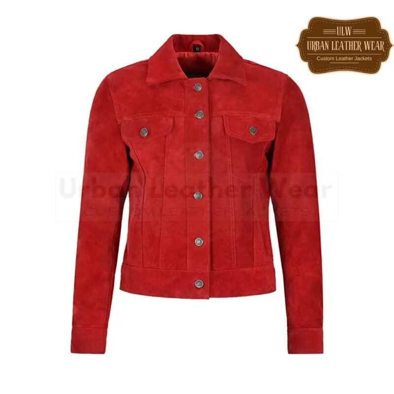 Women Suede Trucker Real Leather Jacket Red | Urban Leather Wear