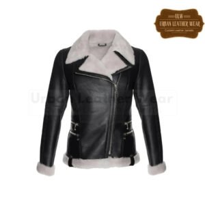 Women White Fur Shearling Black Leather Jacket