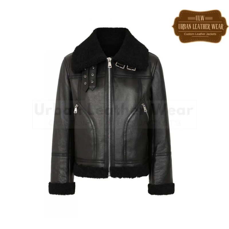 Women cropped shearling collard bomber leather jacket | Urban Leather Wear