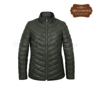 Women green leather padded coat with hood
