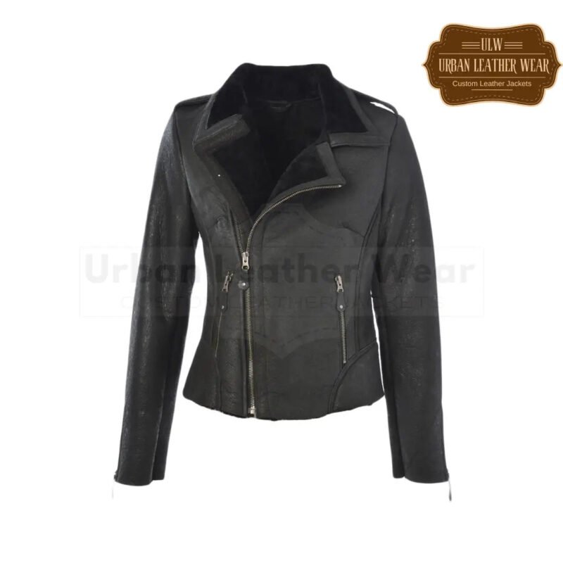 Women shearling leather pilot aviator jacket black sale | Urban Leather Wear
