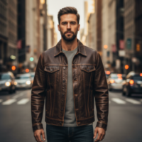 front view of leather trucker jacket front view of leather trucker jacket