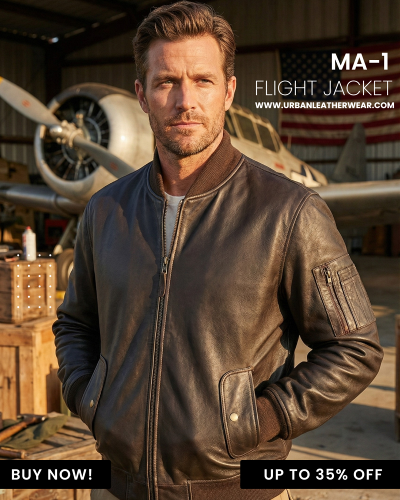 Frontview of Model wearing Leather MA-1 Flight Jacket brown