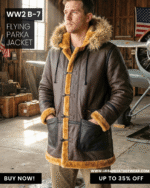 Model wearing WWII B-7 Flying Parka Jacket