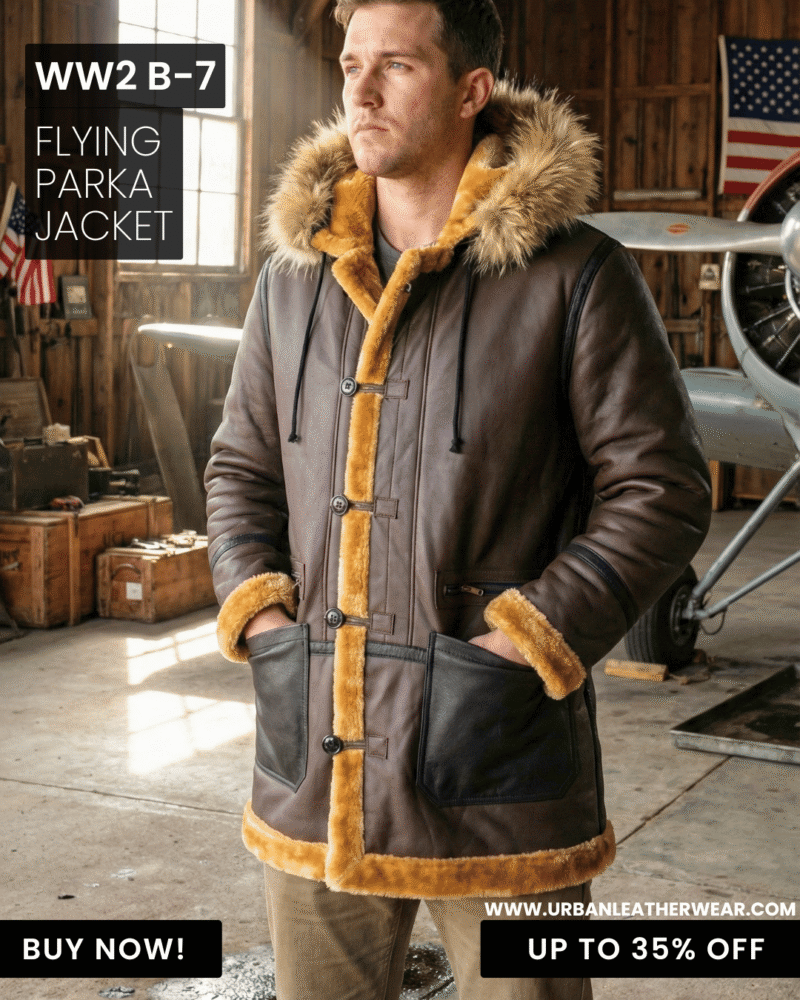 Model wearing WWII B-7 Flying Parka Jacket