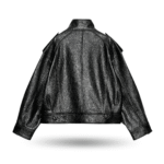 Back view of black oversize LEATHER BOMBER JACKET