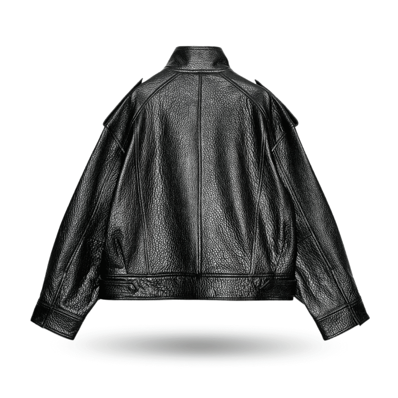 Back view of black oversize LEATHER BOMBER JACKET