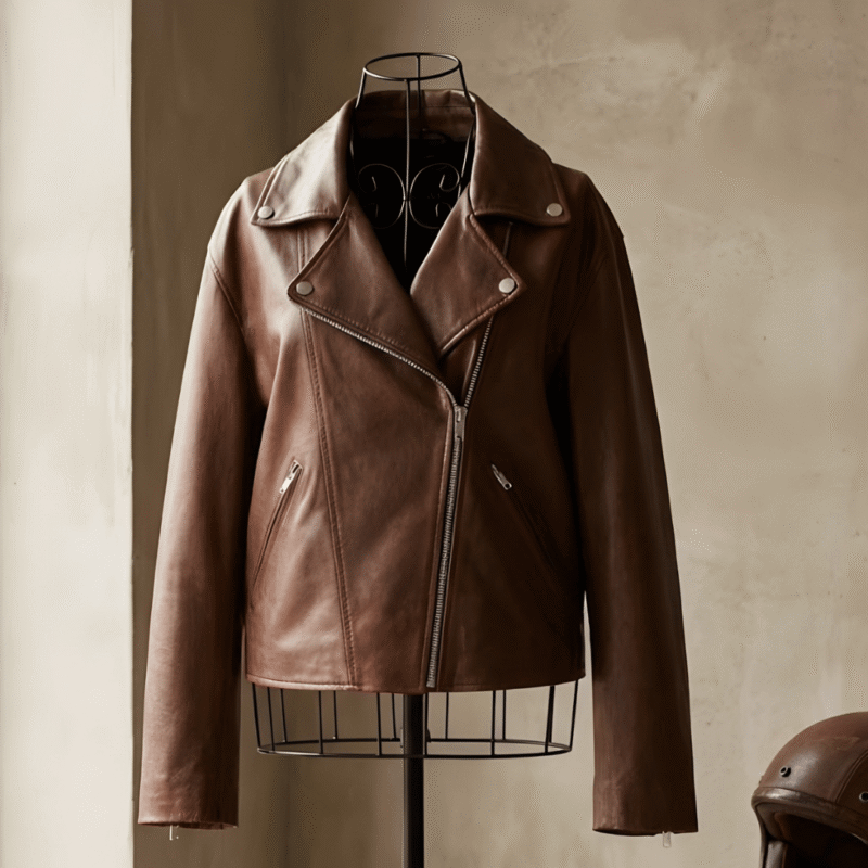 Dark brown oversized leather jacket Front view of Women's Custom Dark Brown Oversized Cowhide Leather Jacket