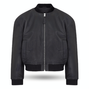 Front view of Oversized Bomber leather Jacket - black