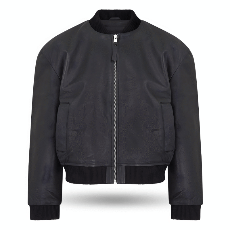 Front view of Oversized Bomber leather Jacket - black