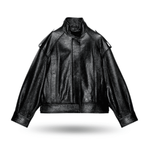Front view of black oversize LEATHER BOMBER JACKET