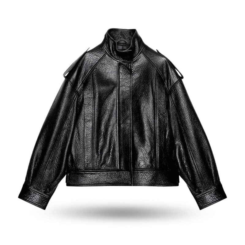 Front view of black oversize LEATHER BOMBER JACKET
