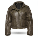 Front view of oversized leather jacket - olive Front view of oversized leather jacket - olive