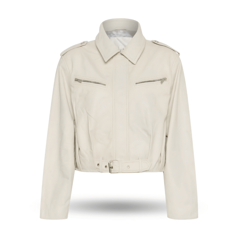 Front view of white oversized biker JACKET