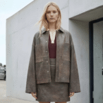 Model wearing a ladies' leather overshirt