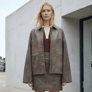 Model wearing a ladies' leather overshirt