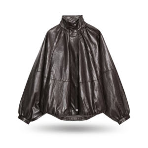 frontview of Loose Fit Long Sleeve women oversized leather jacket