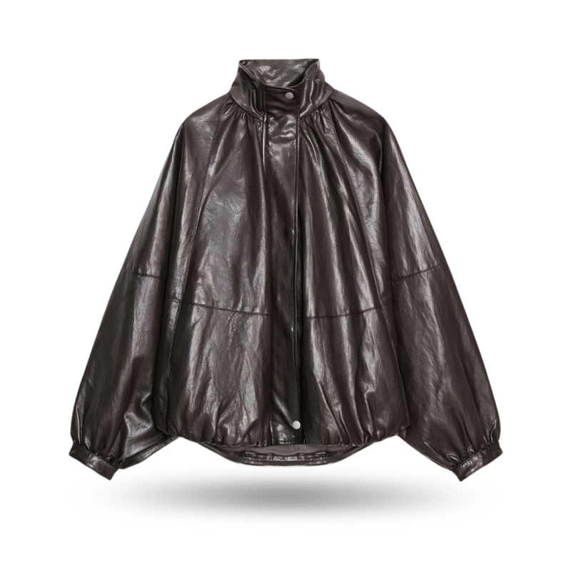 frontview of Loose Fit Long Sleeve women oversized leather jacket