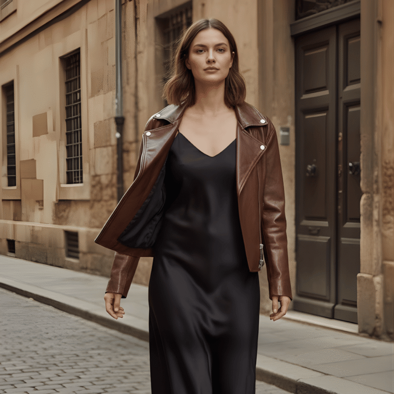 Model wearing BIKER - Leather jacket - dark brown