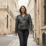 Model wearing Oversized Women Biker Retro Distressed Vintage Leather Jacket