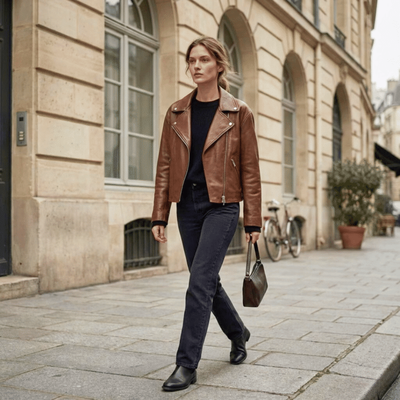Model wearing Women's Custom Dark Brown Oversized Cowhide Leather Jacket