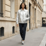 Model Wearing Custom Women's Oversized Silver Leather Summer Jacket