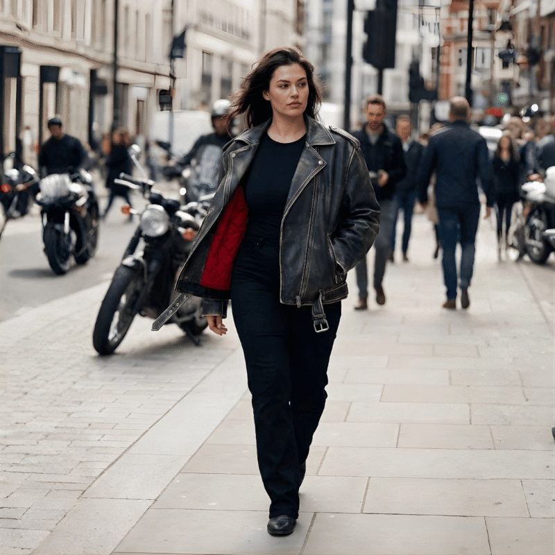 Model wearing oversized BIKER JACKET - vintage black