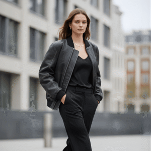 Model wearing oversized Bomber Leather jacket - medium grey retro wash