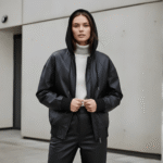 Model wearing oversized bomber Leather jacket black with hoodie