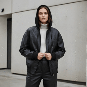 Model wearing oversized bomber Leather jacket black with hoodie
