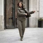 Model wearing oversized leather jacket - olive Model wearing oversized leather jacket - olive