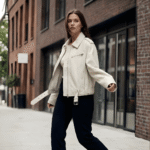 Model wearing white oversized biker JACKET