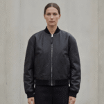 Model wearing Oversized Bomber leather Jacket - black
