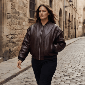 Model Wearing Oversized leather bomber jacket