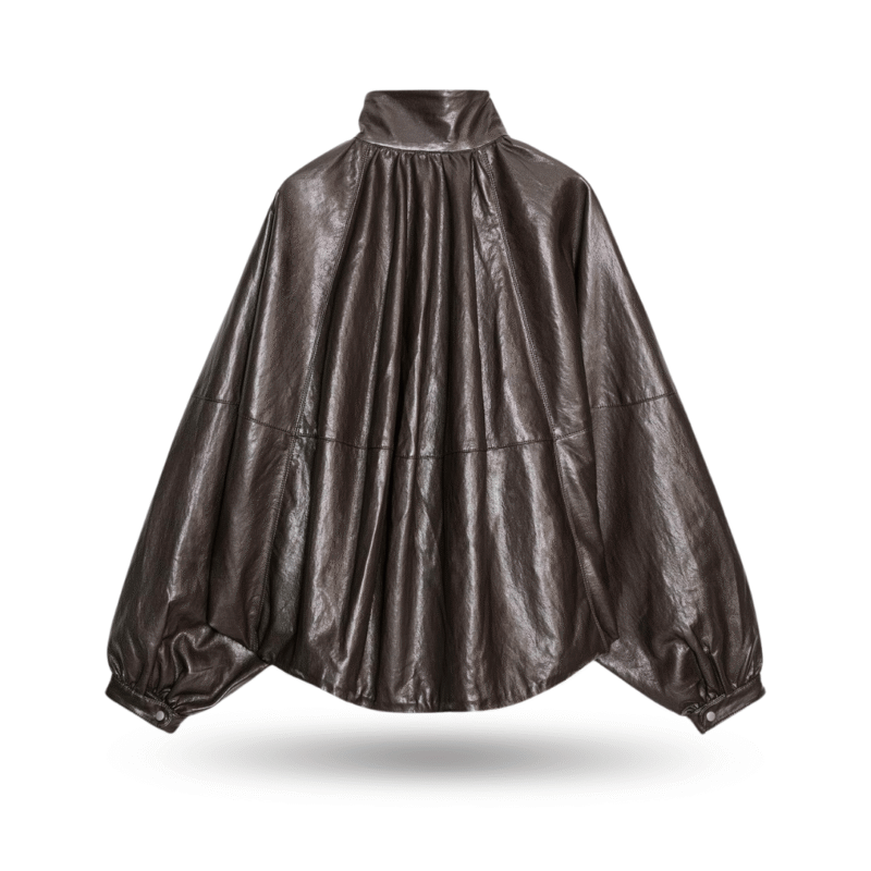 backview of Loose Fit Long Sleeve women oversized leather jacket