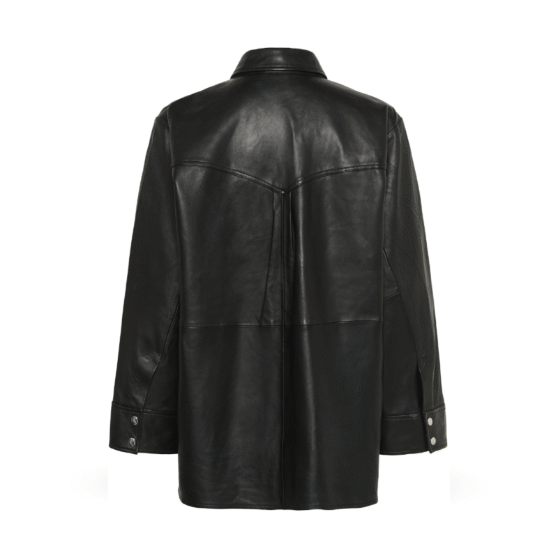 back view of long Leather jacket - black