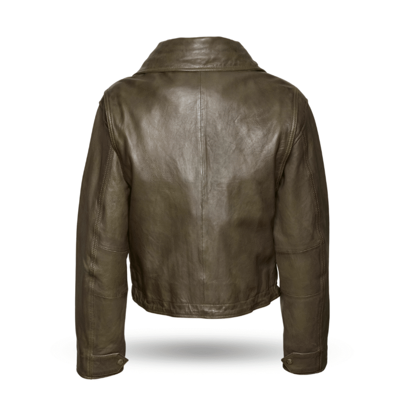 back view of oversized leather jacket - olive